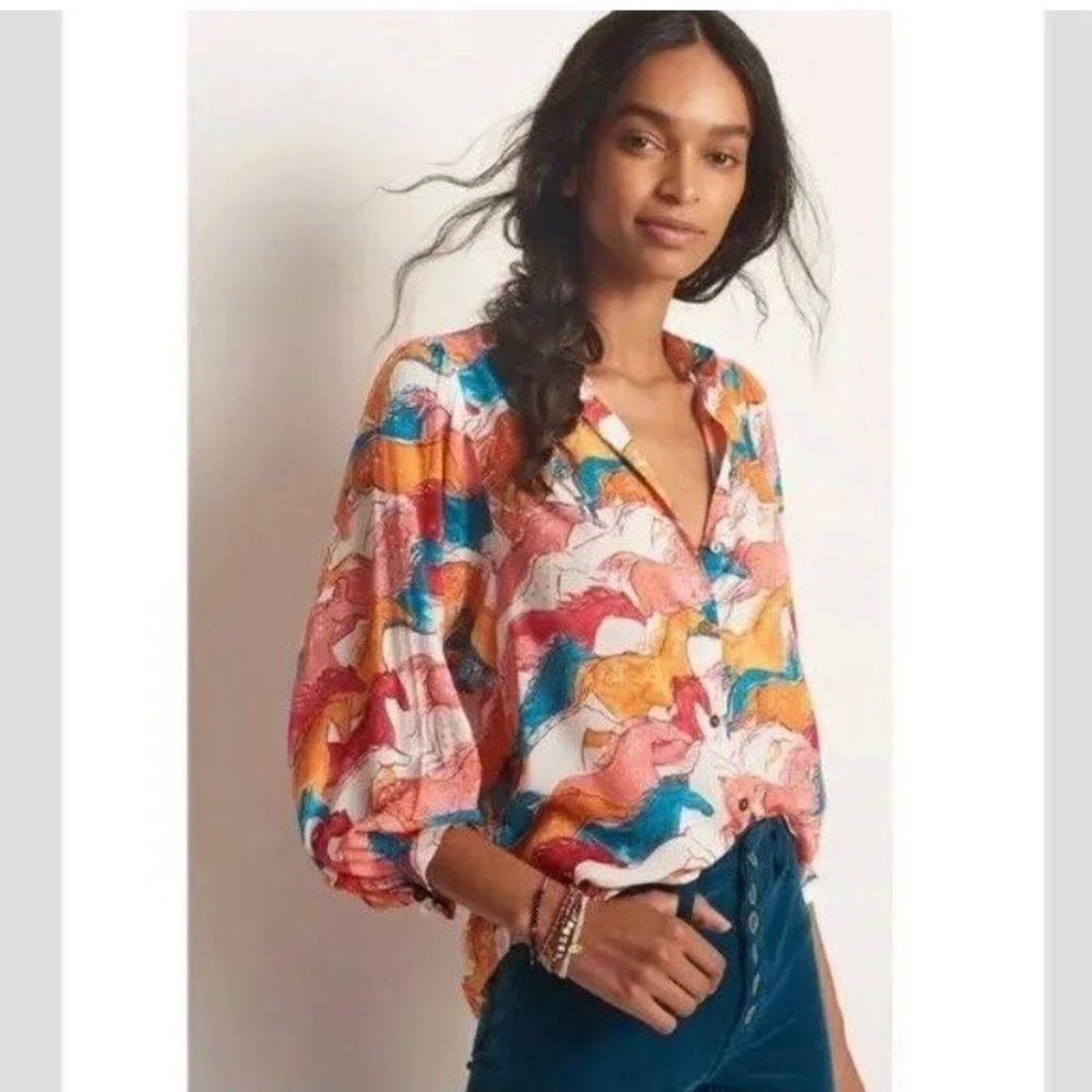 Anthropologie Maeve Pastoral Watercolor Horse Blouse Size Small